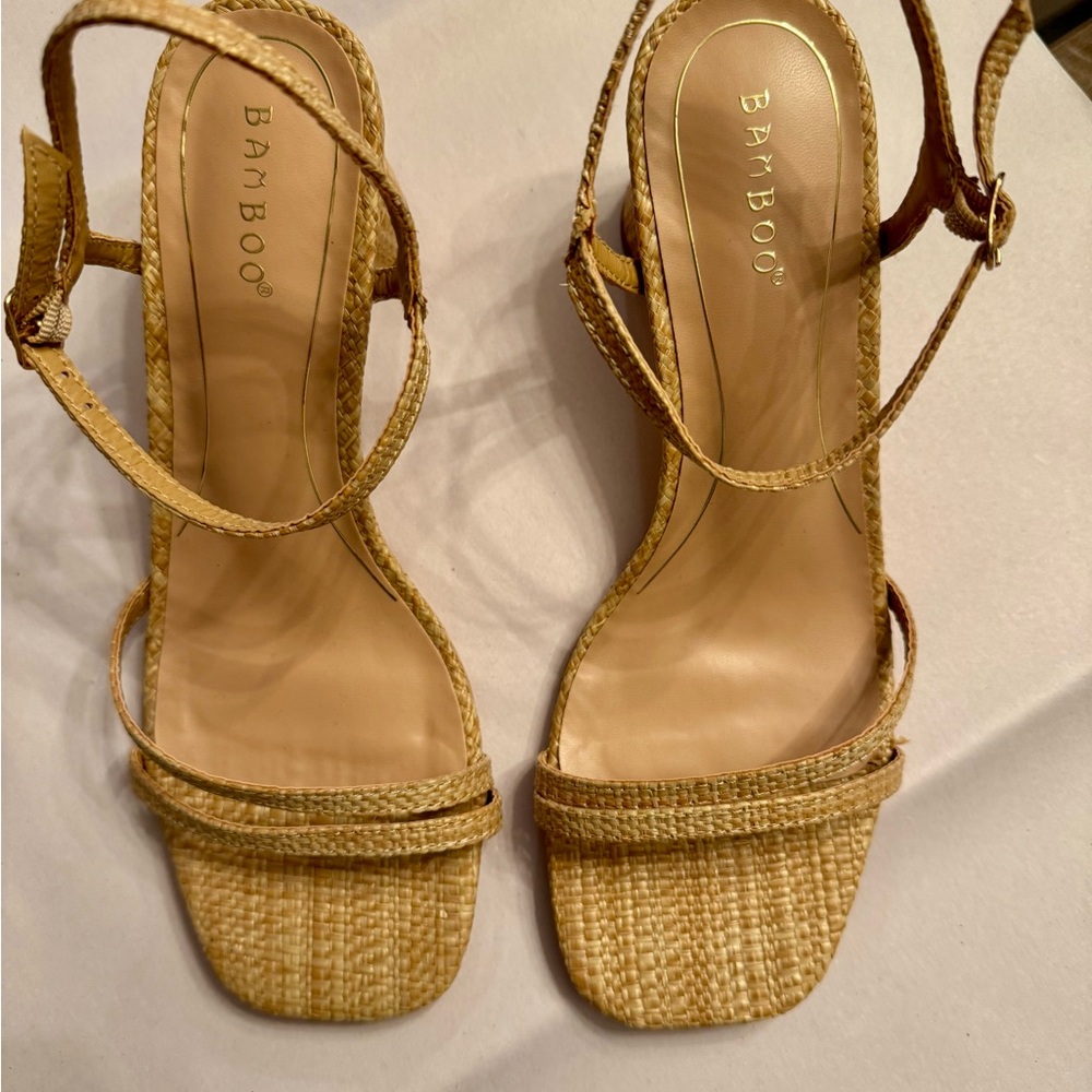 BAMBOO Natural Tan Woven Straw Heeled Sandals